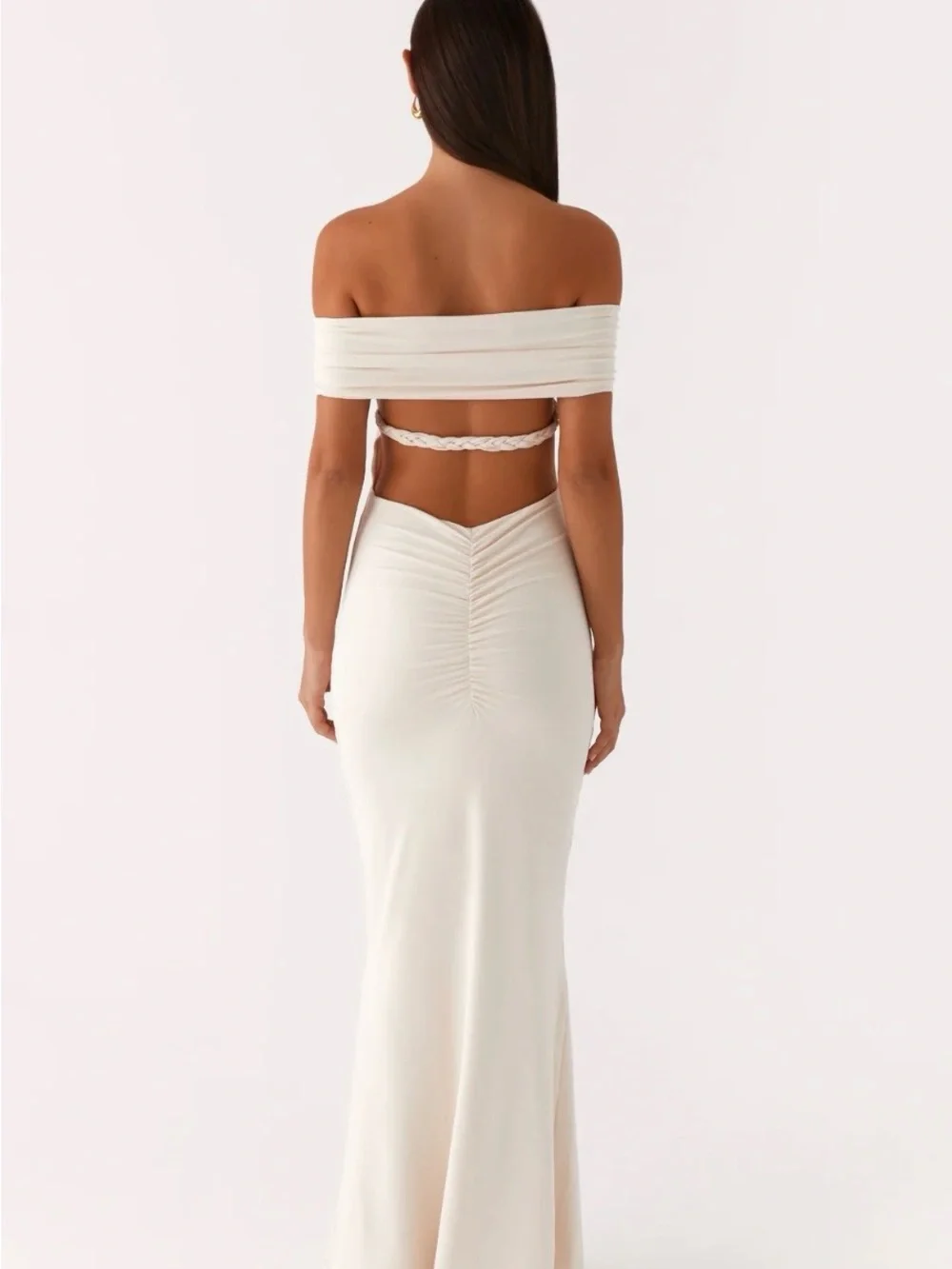 Peppermayo Cream Off-Shoulder Backless Column Gown with Rosette